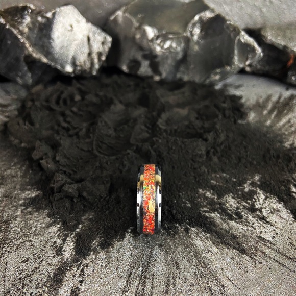 Fire Opal Inlay Black Wedding Band - Picture 5 of 5